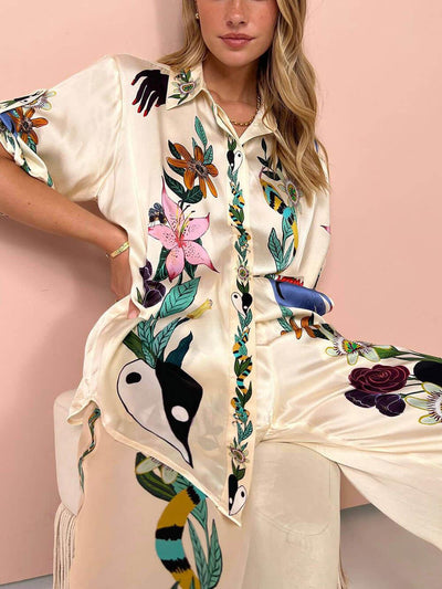 Modern Refined Satin Unique Print Button Blouse Oversized
