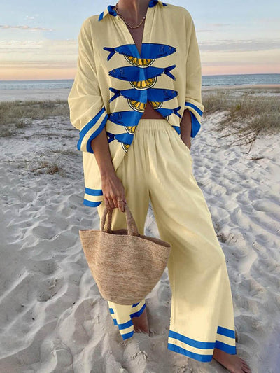 Ocean Print Oversized Shirt and Elastic Waist Pocket Trouser Set