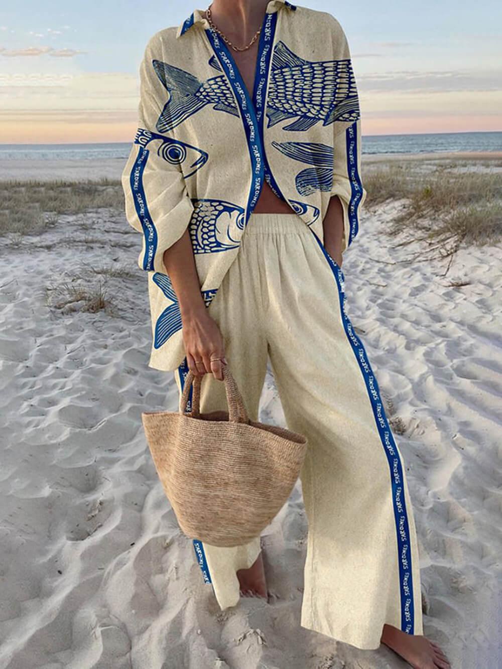 Ocean Print Oversized Shirt and Elastic Waist Pocket Trouser Set