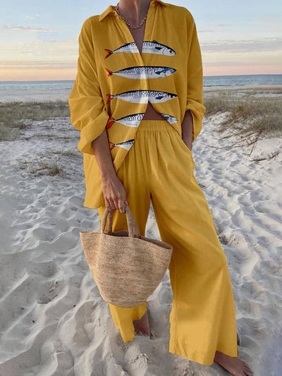 Ocean Print Oversized Shirt and Elastic Waist Pocket Trouser Set