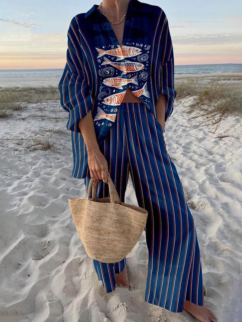 Ocean Print Oversized Shirt and Elastic Waist Pocket Trouser Set