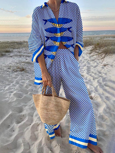 Ocean Print Oversized Shirt and Elastic Waist Pocket Trouser Set