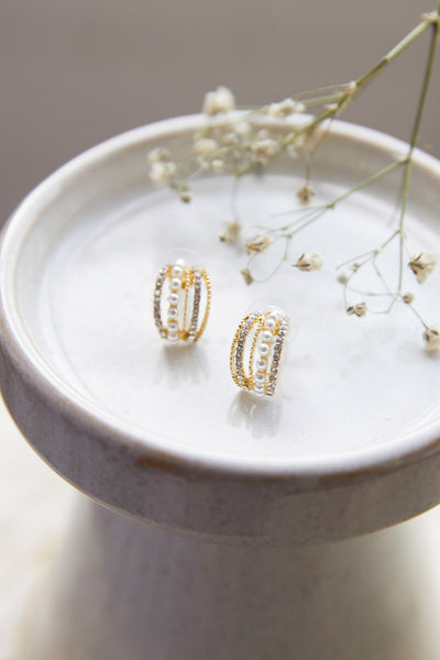 Ophelia Earrings of Pearls and Gold Crystals
