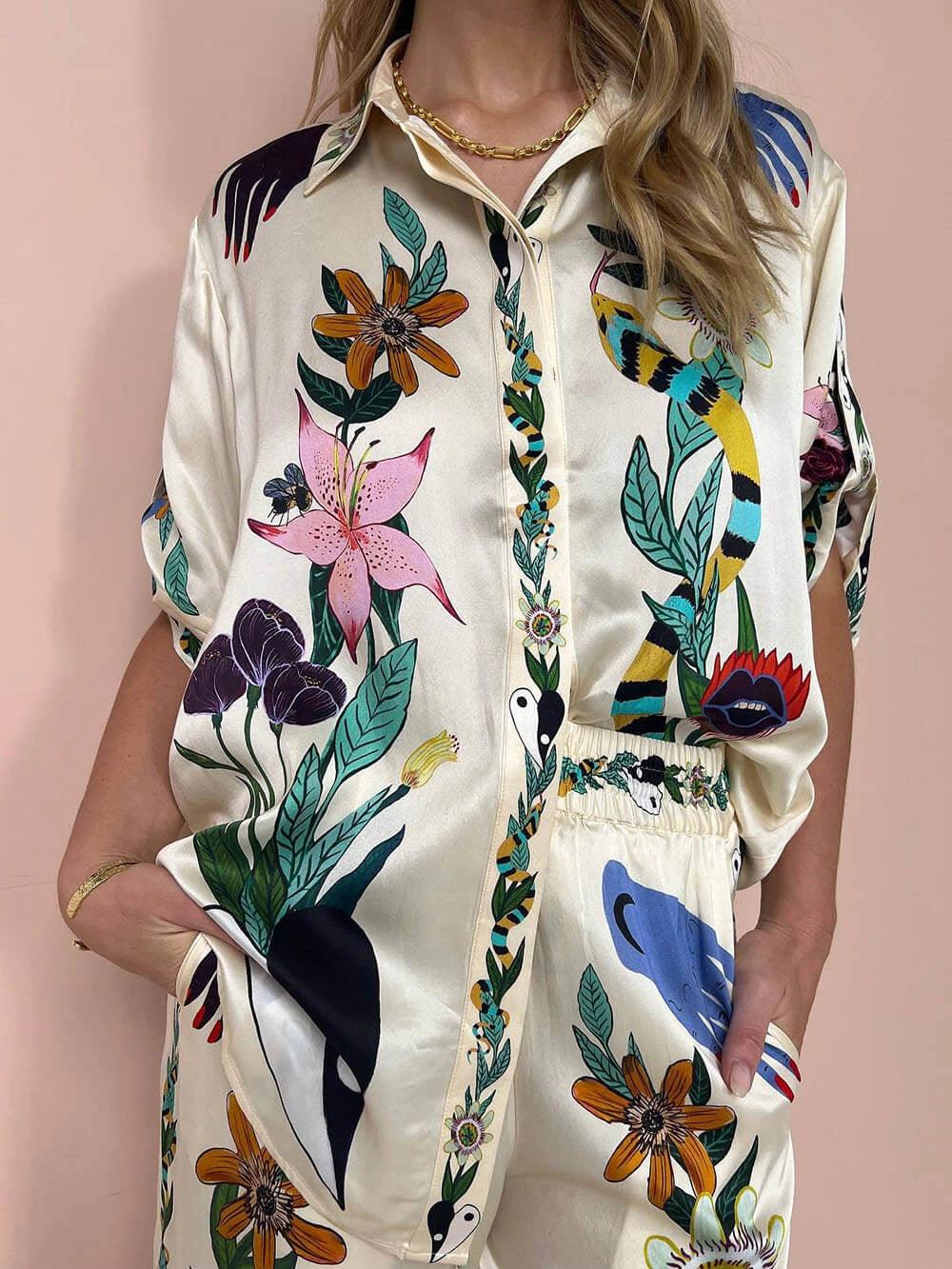 Satin Unique Print Blouse & Trouser Set