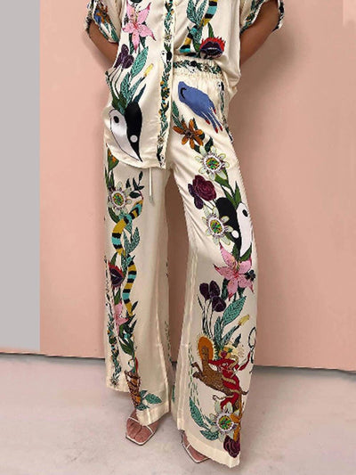 Satin Unique Print Blouse & Trouser Set