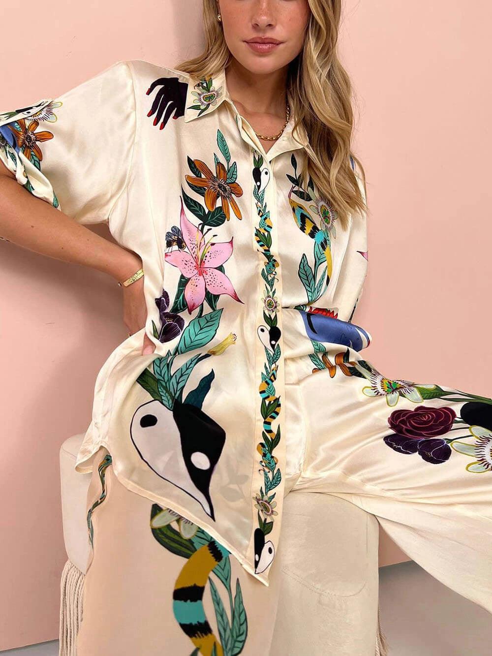 Satin Unique Print Blouse & Trouser Set