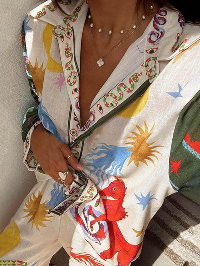 Stunning Unique Print Long Sleeve Shirt and Elastic Waist Trouser Set