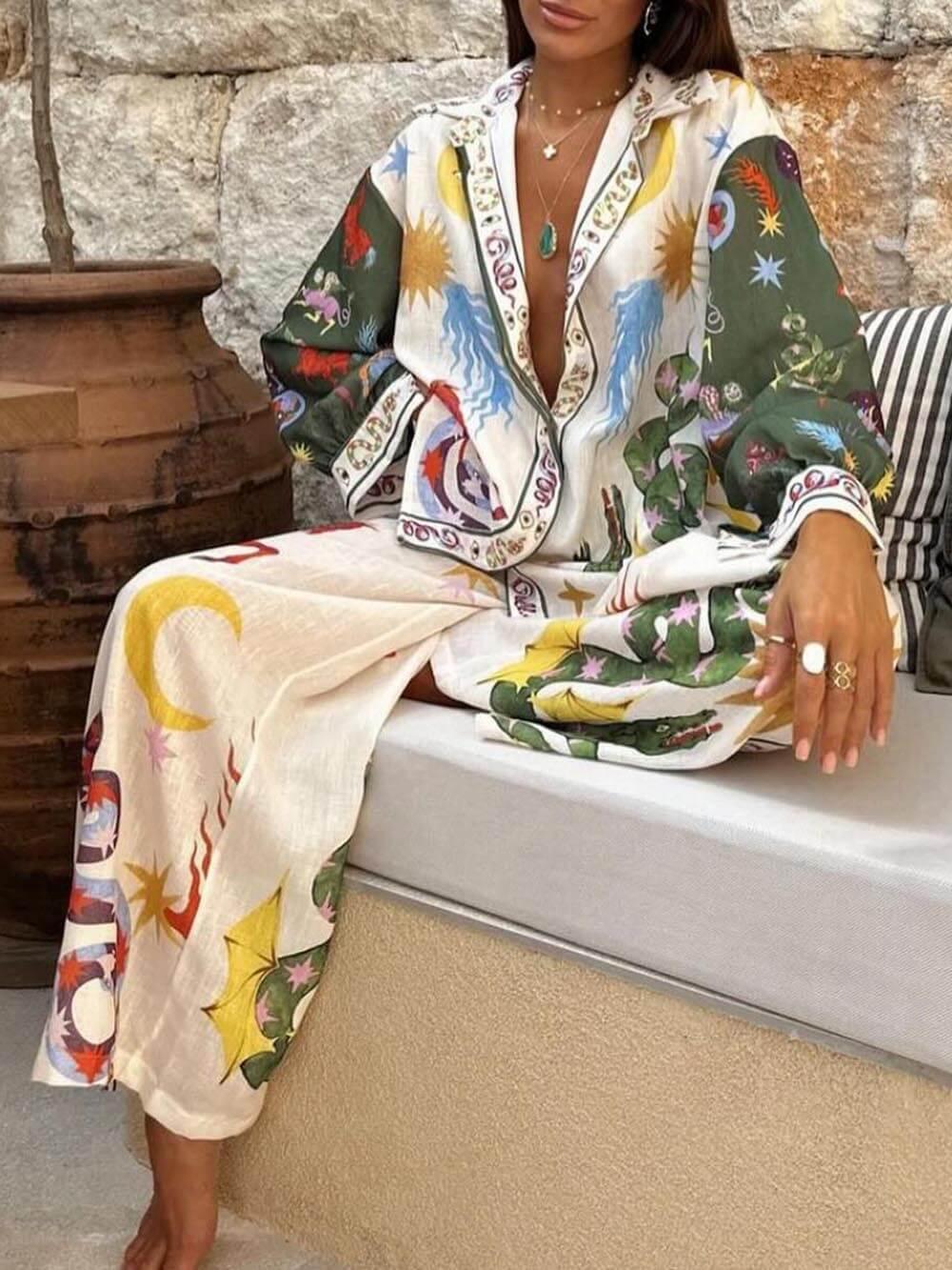 Stunning Unique Print Long Sleeve Shirt and Elastic Waist Trouser Set
