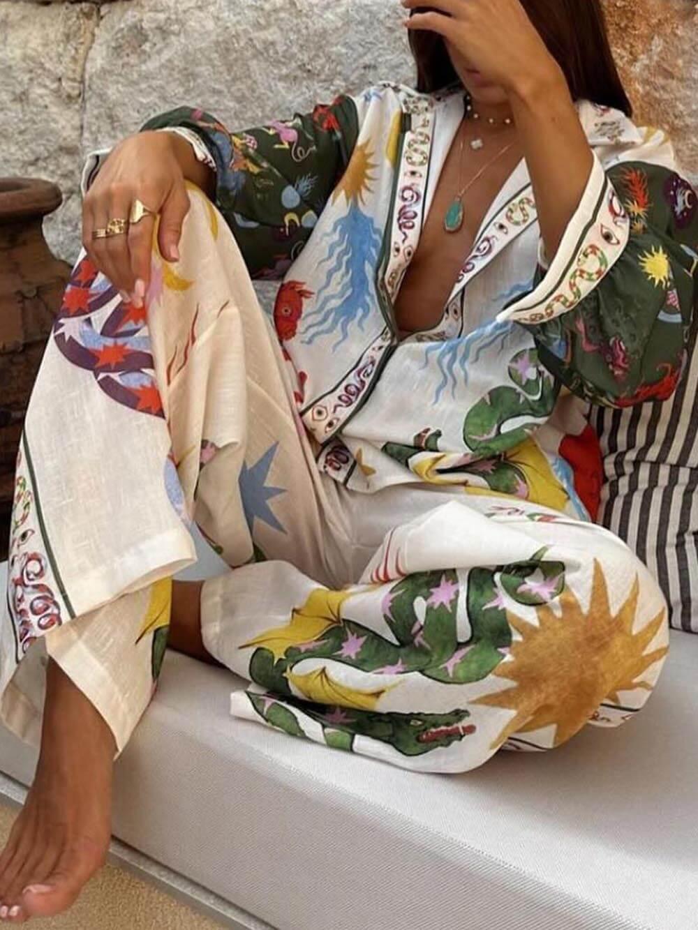 Stunning Unique Print Long Sleeve Shirt and Elastic Waist Trouser Set