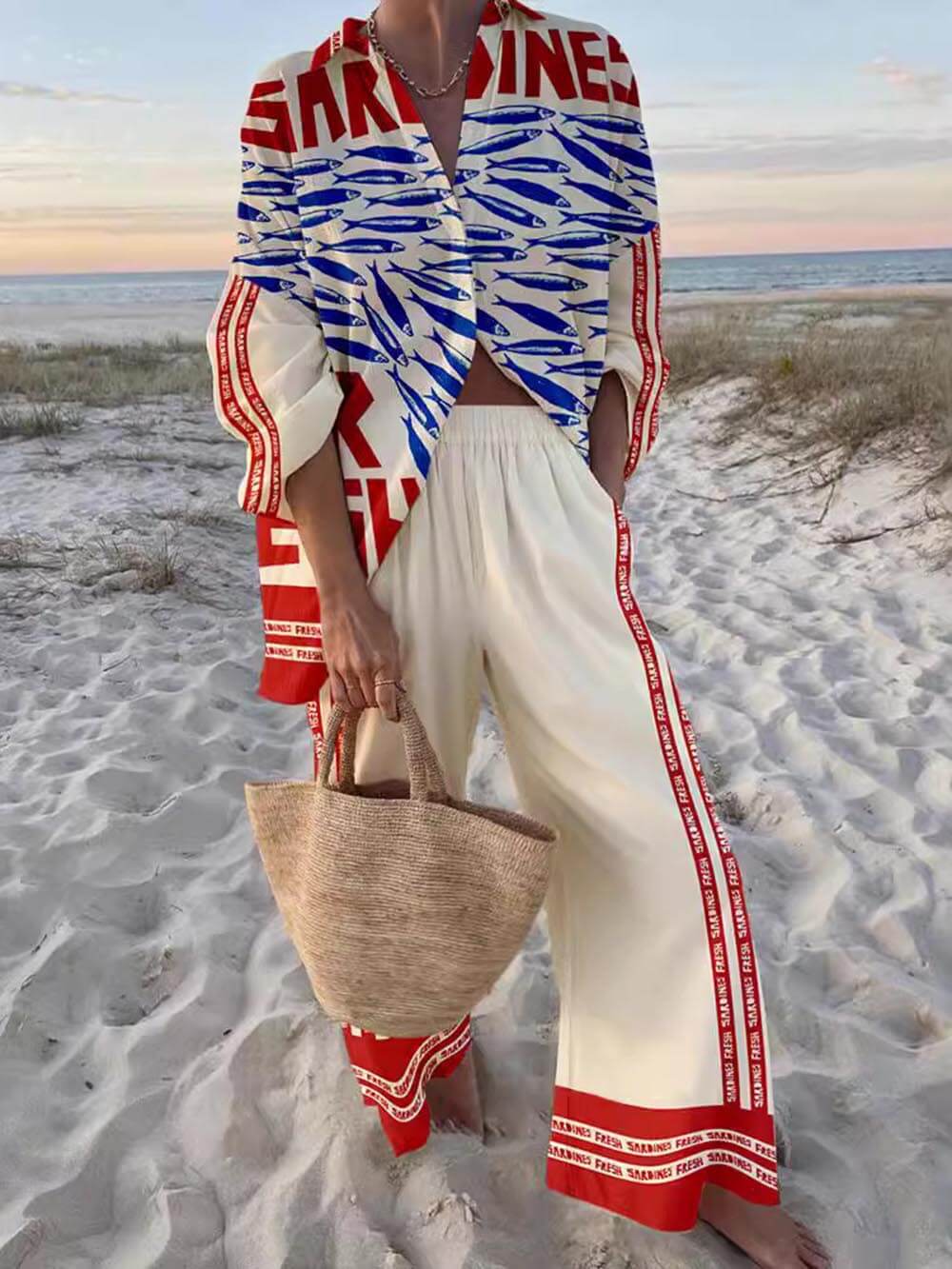 Unique Casual Print Loose Oversized Shirt and Wide Trouser Set