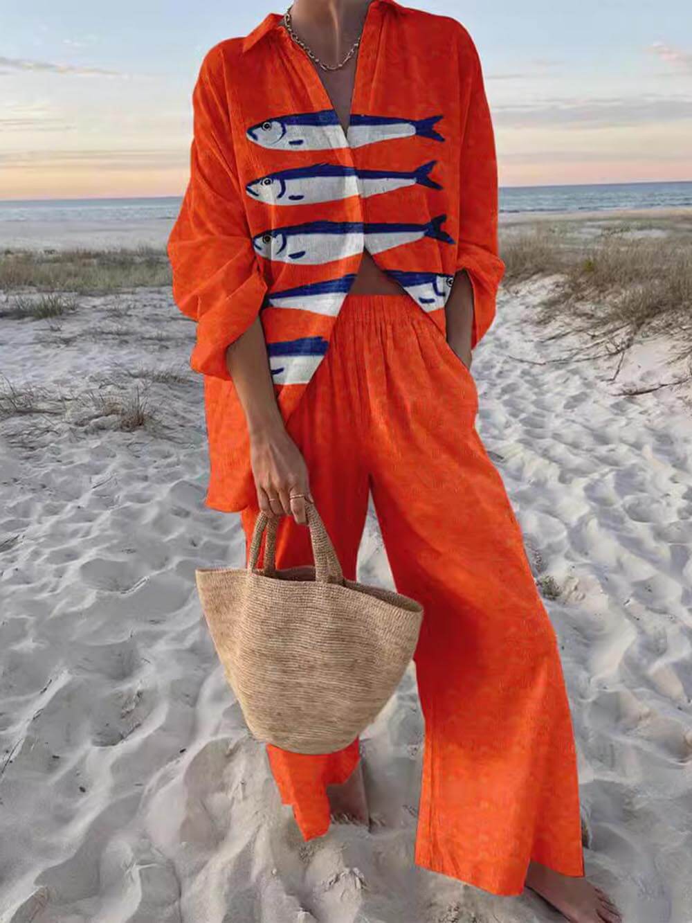 Unique Casual Print Loose Oversized Shirt and Wide Trouser Set