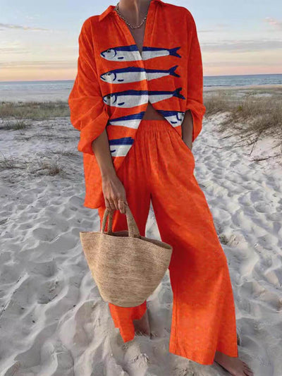 Unique Casual Print Loose Oversized Shirt and Wide Trouser Set