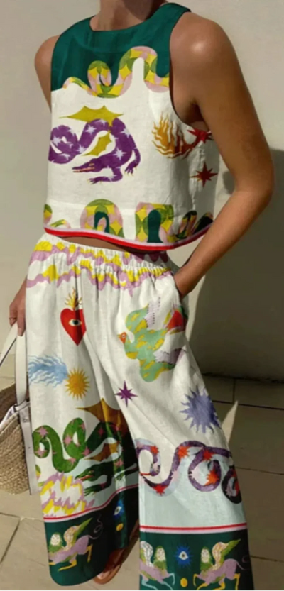 Unique Print Tank Top and Elastic Waist Pocket Trousers Set