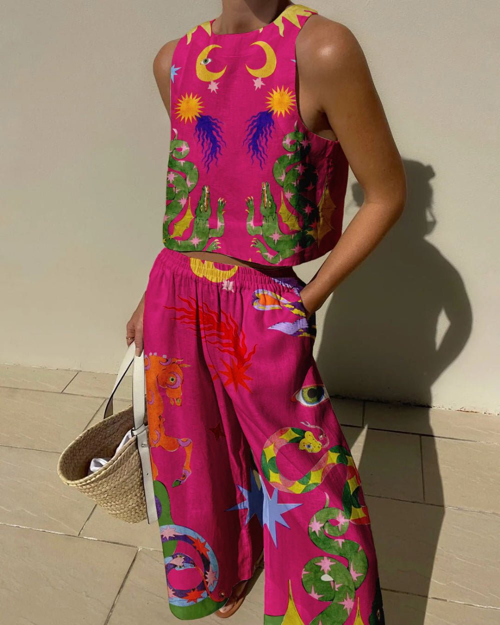 Unique Print Tank Top and Elastic Waist Pocket Trousers Set