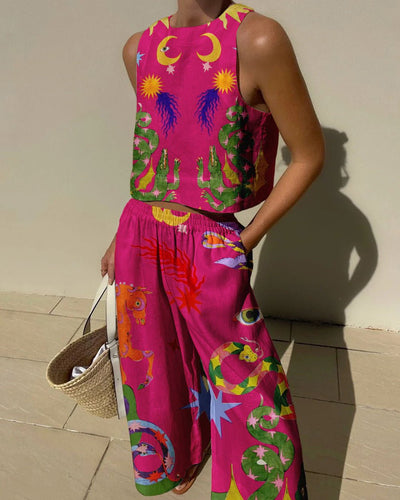 Unique Print Tank Top and Elastic Waist Pocket Trousers Set