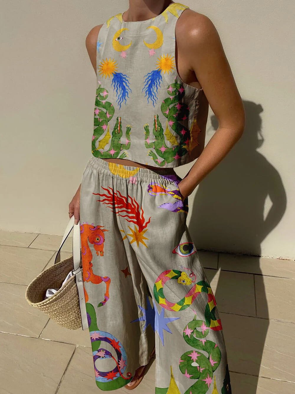 Unique Print Tank Top and Elastic Waist Pocket Trousers Set