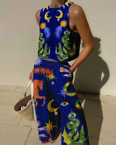 Unique Print Tank Top and Elastic Waist Pocket Trousers Set