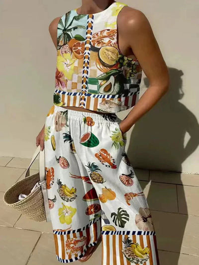Unique Print Tank Top and Elastic Waist Pocket Trousers Set