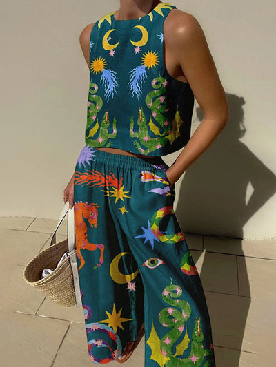 Unique Print Tank Top and Elastic Waist Pocket Trousers Set