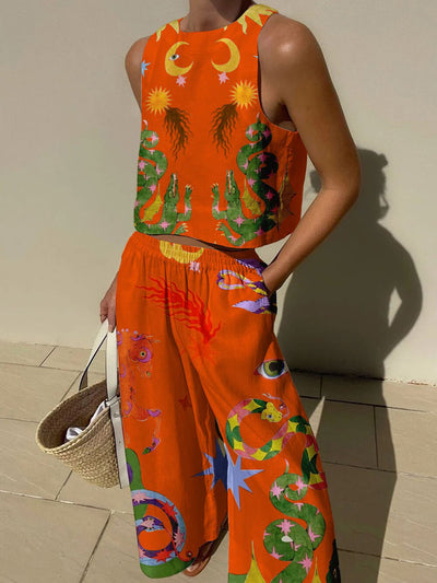 Unique Print Tank Top and Elastic Waist Pocket Trousers Set