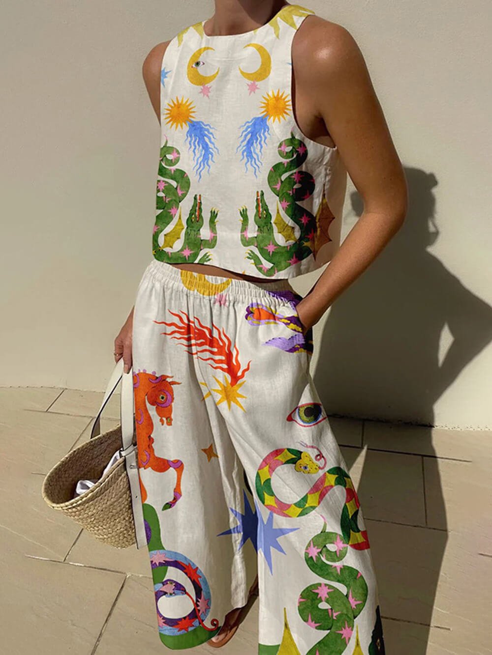 Unique Print Tank Top and Elastic Waist Pocket Trousers Set