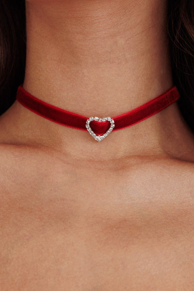 Velvet choker necklace with heart Diamante Lola Red