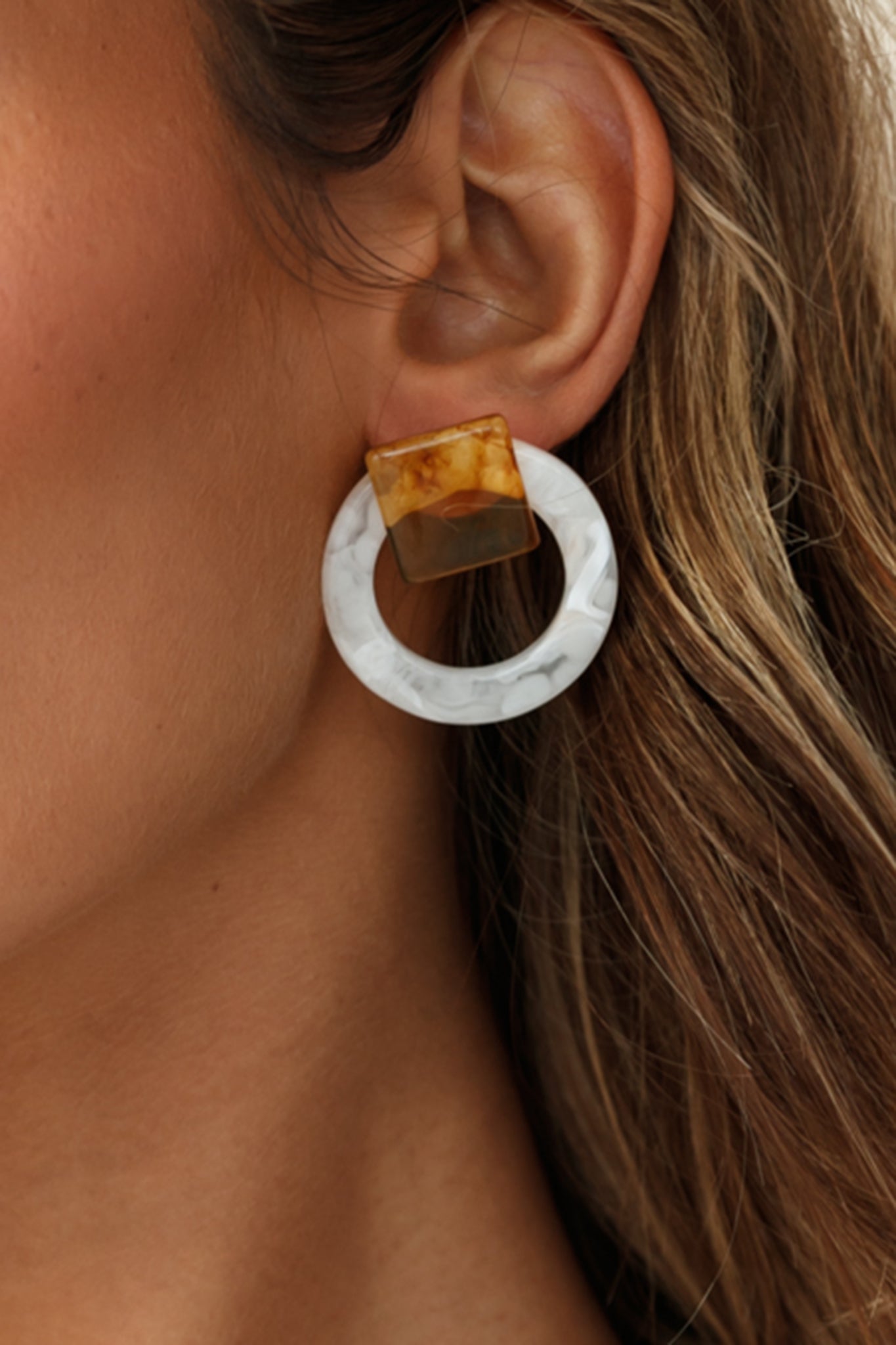 Square and Round Beige Marble Earrings
