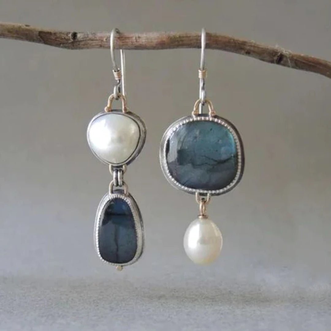 Vintage Blue Natural Stone with Pearls Earrings