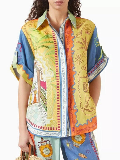 Summer Fantasy Print Short Sleeve Loose Top and Trouser Set