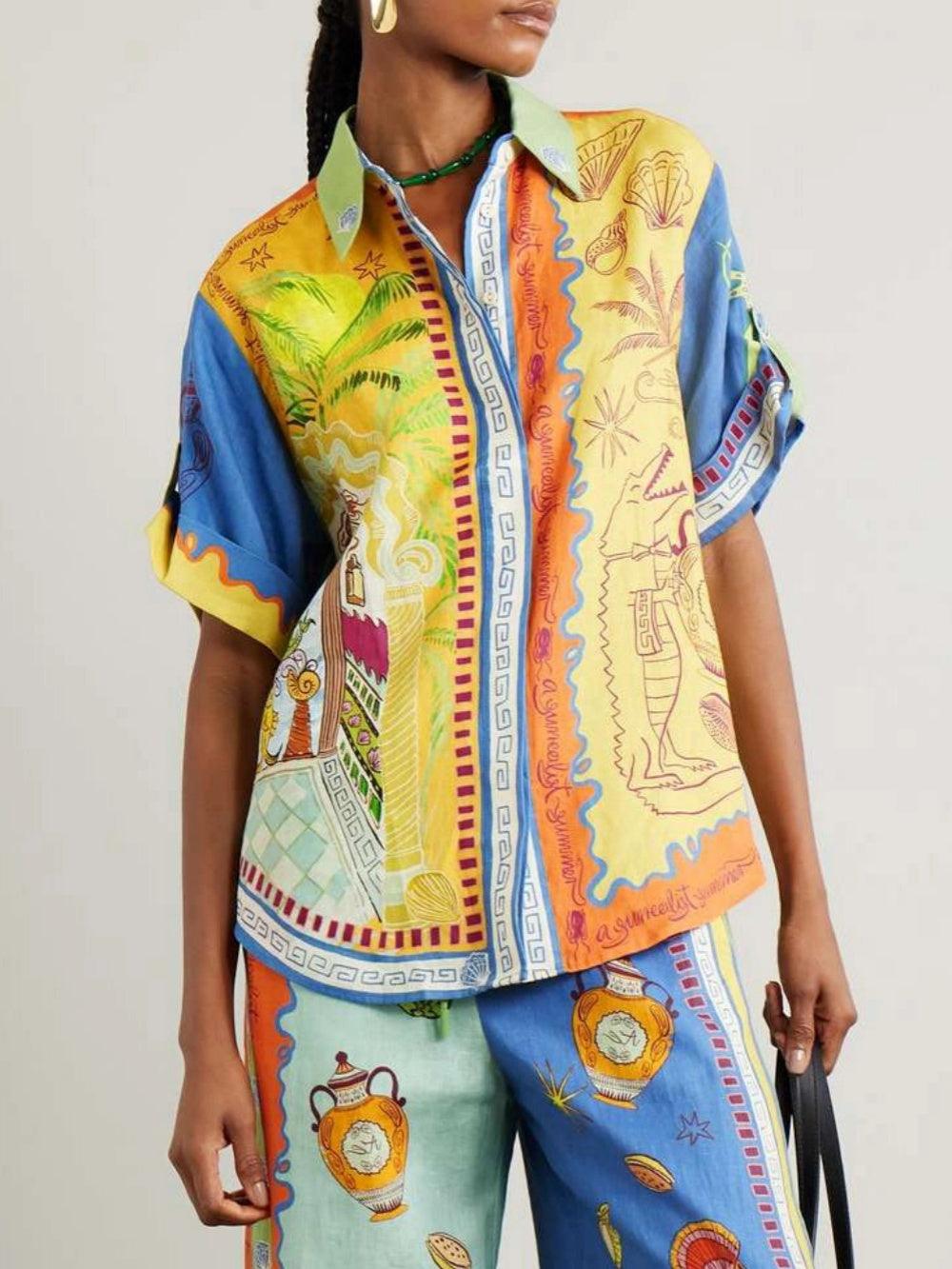 Summer Fantasy Print Short Sleeve Loose Top and Trouser Set