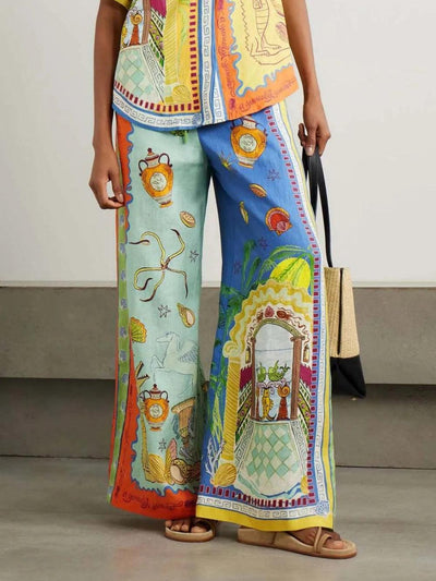 Summer Fantasy Print Short Sleeve Loose Top and Trouser Set